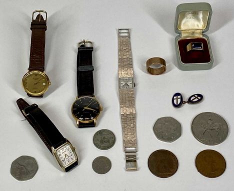 GENT'S 9CT GOLD RINGS (2), Rotary Quartz and Accurist lady's and gent's wristwatches and a small quantity of pre-decimal and 