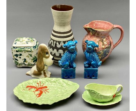 CHINA ASSORTMENT - to include a pair of Temple Dog ornaments, 16cms tall, a Masons Chartreuse jar and cover, an Austrian Stud