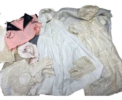 VINTAGE INFANT'S CLOTHING - circa 1900 silk Christening dress with underskirt and bonnet, wedding veil circa 1930s, crochet t