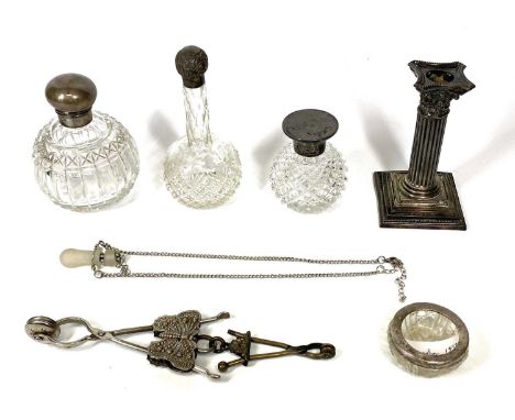 HALLMARKED SILVER TOP SCENT BOTTLES (3), single Corinthian candlestick, various Birmingham hallmarks, the globular scent bott