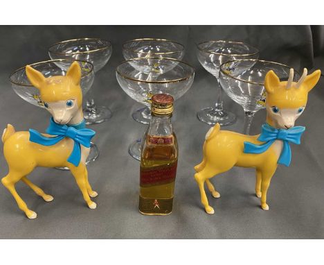 BABYCHAM SET OF 6 BOATS - with logo on bowl and base, a pair of Babycham props and a Johnny Walker vintage miniature Red Labe