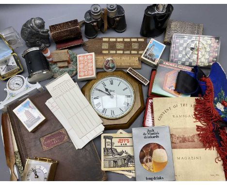 MIXED COLLECTABLES GROUP to include Cribbage boards, packs of playing cards, small mantel and wall clocks, pair of 6 x 30 fie