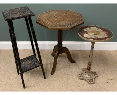 FURNITURE ASSORTMENT - carved oak octagonal top occasional table on tripod supports, 76cms H, 54cms W, 54cms D, a carved squa