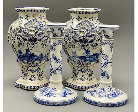 VILLEROY &amp; BOCH DRESDEN CANDLESTICKS, A PAIR and a pair of Dutch Delft vases, 20.5 and 24cm heights respectively