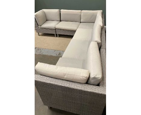 GARDEN FURNITURE - modern cane effect sectional seating (4 x 3) corner sofa, L shaped section - 313 x 235cms, 72cms H, 78cms 