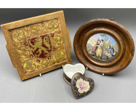 BELIEVED PILKINGTON'S ROYAL LANCASTRIAN LUSTRE TILE and two further pottery/porcelain items, the tile lustre decorated with h