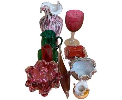 ANTIQUE &amp; LATER COLOURFUL GLASSWARE - a large Cranberry glass goblet with wheel cut floral decoration, 22cms H, other Cra