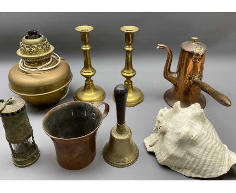 VINTAGE COPPER &amp; BRASSWARE ETC - to include a small miner's lamp, copper and brass chocolate pot, copper tankard, round b