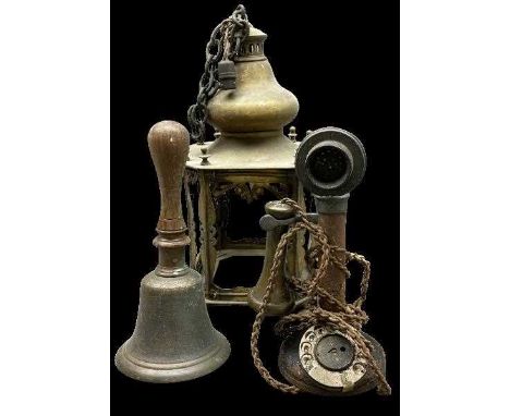 VINTAGE BRASS CEILING LANTERN LAMP, school type bell and a candlestick telephone, 43cms, 31cms and 31.5cm heights respectivel