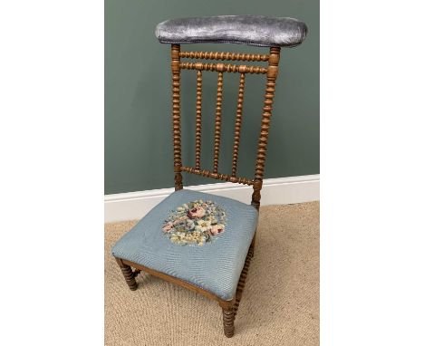 PRE-DIEU CHAIR, a walnut bobbin backed chair with padded top rail and tapestry seat, 94cms H, 45cms W, 36cms D