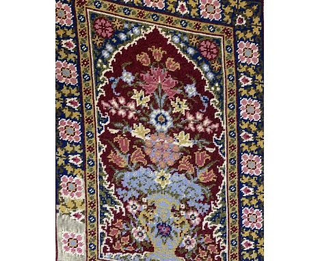 ANTIQUE STYLE NEEDLEWORK TYPE TAPESTRIES (3), part finished needlework rug, two gilt framed wall mirrors and a rolled up quan