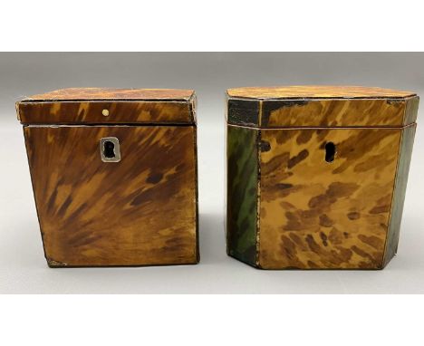 GEORGE III GREEN &amp; BLONDE TORTOISESHELL VENEERED TEA CADDY and a smaller blonde tortoiseshell tea caddy, 10cms H, 11cms W