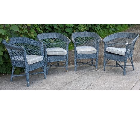 A set of four Marston &amp; Langinger light blue painted cane &amp; wicker conservatory chairs.