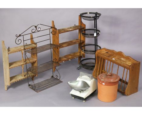 A pine wall-mounted plate rack, 61.5cm wide x 43cm high; together with two small sets of pine wall shelves; a wrought-iron ve