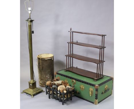 A set of mahogany wall shelves, 70cm wide x 77cm high (slight faults); a brass Corinthian-style standard lamp; a fibre-covere
