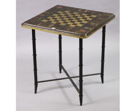 A Chinese-style black finish occasional table inset painted chessboard chinoiserie figure scenes to the square top, on four m