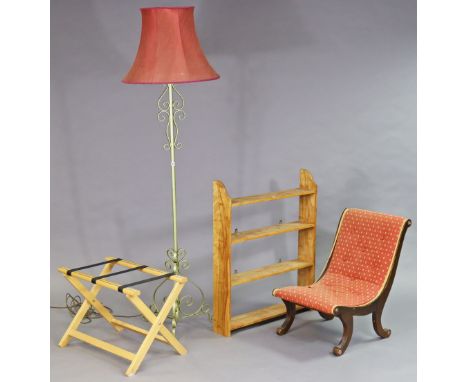 A gilt-finish wrought-iron standard lamp, with shade; together with a set of wall shelves, 74.5cm wide x 91.5cm high; a Victo