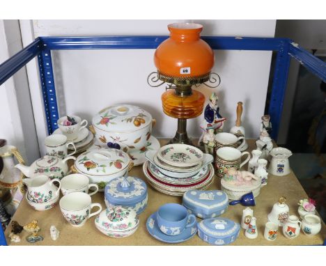 Five various items of Royal Worcester kitchenware; an Edwardian-style oil lamp; five items of Wedgwood blue &amp; white jaspe