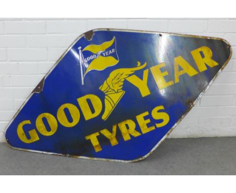 Vintage Good Year Tyres blue and yellow enamel sign, 78 x 148cm