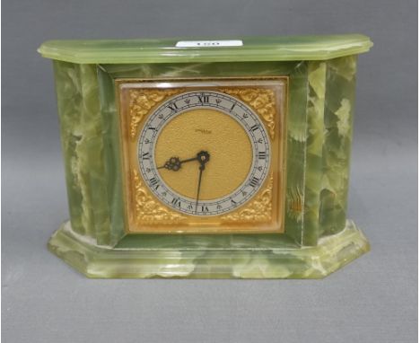 Green hardstone mantle clock, the dial with silvered chapter ring and Roman numerals, 22 x 14cm 