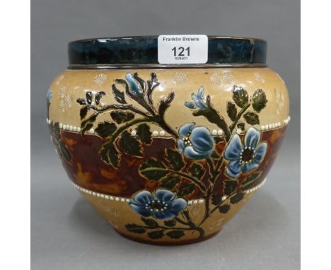 Doulton Lambeth stoneware planter with Art nouveau flowers and foliage pattern,  18 x 25cm 