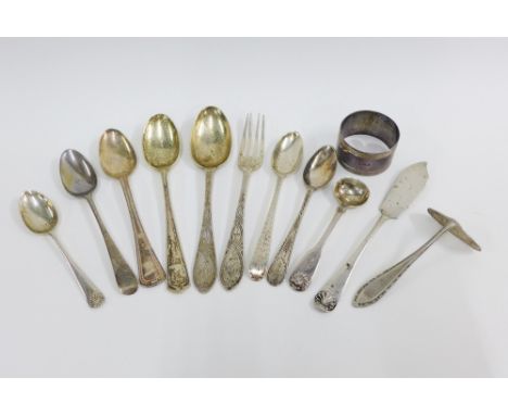 A collection of silver teaspoons, butter knives, salt spoons and a silver napkin ring, with mixed makers and hallmarks, (a lo