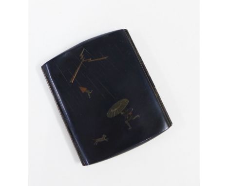 Japanese Komai type mixed metal inlaid cigarette case, signed, 9 x 8cm