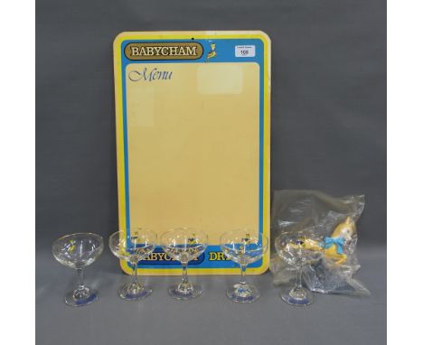 Set of five vintage Babycham glasses, advertising board and plastic figure, (a lot) 