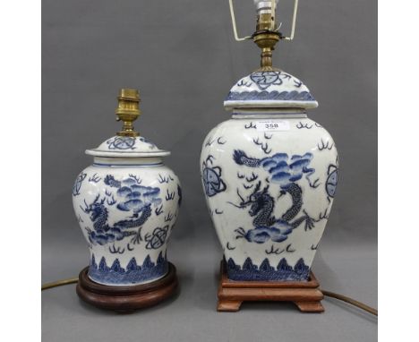 Two Chinese style blue and white table lamp bases, tallest 35cm (2) 