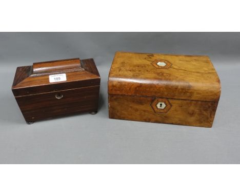 19th century rosewood sarcophagus tea caddy, lead lined on four bun feet, together with a walnut and mother of pearl inlaid b