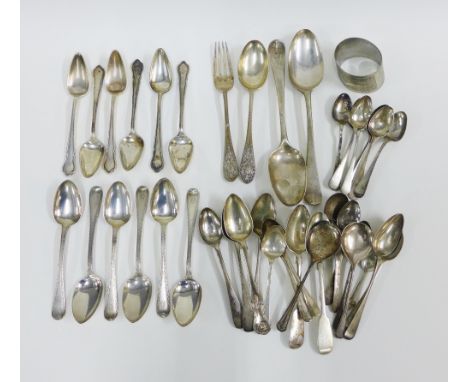 A large collection of silver teaspoons to include various Georgian and Victorian hallmarks, a napkin ring stamped 800 and a p