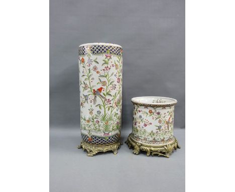 Chinoiserie pottery stick stand with faux gilt base together with an smaller planter of similar design, tallest 40cm (2) 