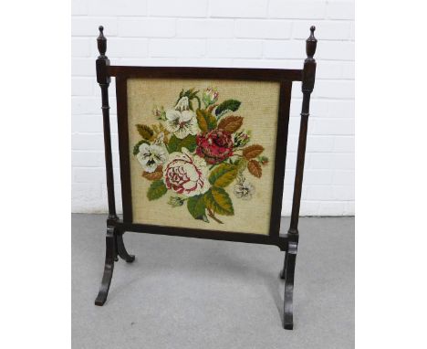 Mahogany fire screen with a floral tapestry panel, 76 x 56cm