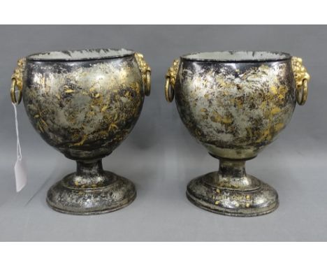Pair of Japanned metal vases with gilt lion mask head and ring handles, on oval pedestal base, 22cm high (2) 