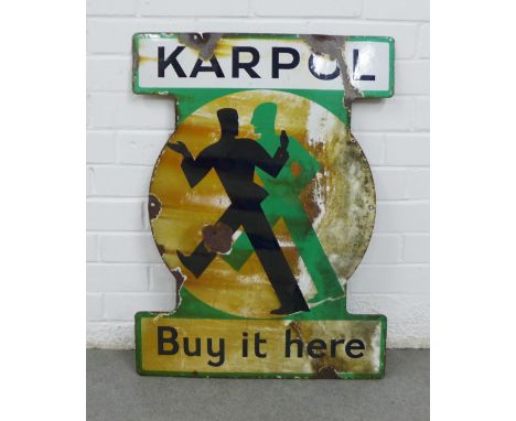 Vintage 'Karpol - Buy it Here' green, white and black enamel sign, 72 x 54cm 