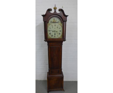 19th century mahogany longcase clock, the painted dial with floral spandrels and Roman numerals, 220 x 54cm 