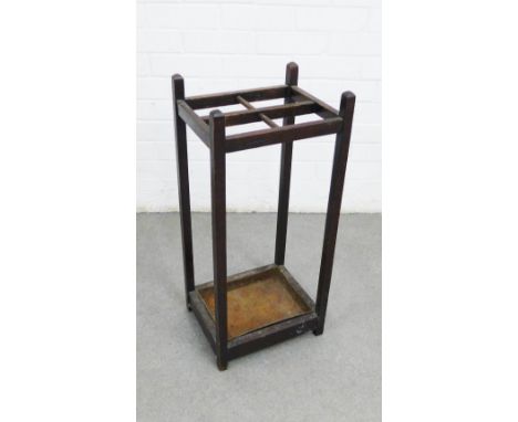 Stained pine stick stand with four divisions and with original metal drip tray, 69 x 30cm 