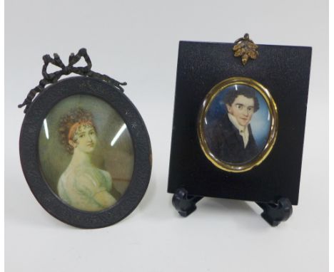 19th century portrait miniature of a gent in an ebonised frame and another portrait miniature on ivory of a lady, (2) 
