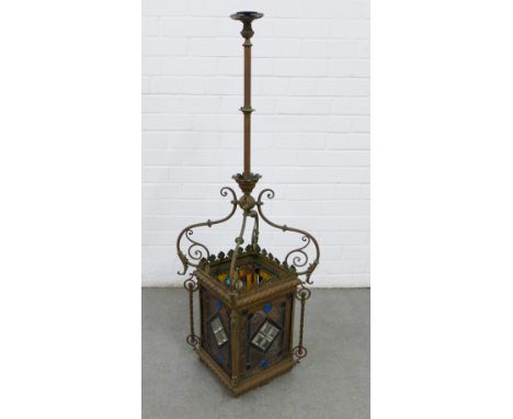 Late 19th / early 20th century brass hanging lantern with four coloured leaded glass panels, 116 x 35cm