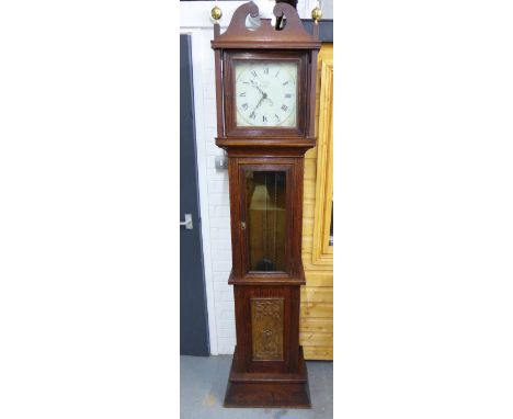 Oak cased Grandfather clock with a painted dial with spider's web spandrels and  Roman numerals, inscribed Bowring Exeter and