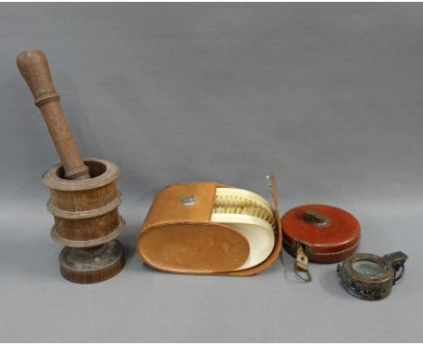 Mixed lot to include a turned wooden mortar and pestle, vintage Chesterman tape measure, MKIII compass, leather case with bru