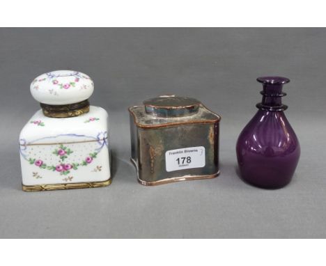 Continental porcelain inkwell with floral pattern and gilt metal mounts, together with a silver plate on copper caddy and a s
