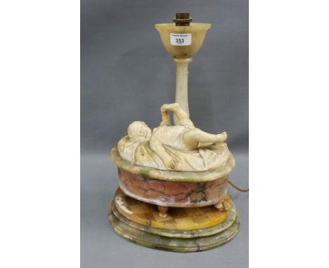 Early 20th century alabaster table lamp base, the base with an oval box, its cover with a cherub, 36cm high 