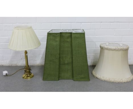 Modern brass table lamp and two shades, largest 46 x 35cm (3)