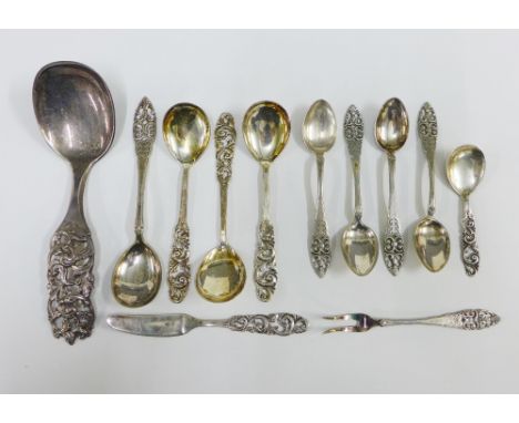Norwegian silver flatware to include a spoon, stamped R. Elvesaeter, four others stamped Mylius and various other items with 