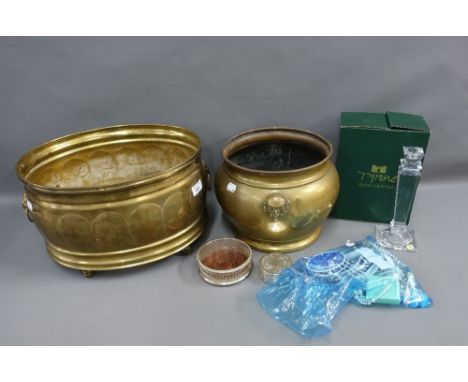 Mixed lot to include a brass planter, glass candlesticks and costume jewelry etc 