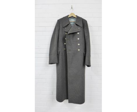 Vintage Russian grey wool Military coat with star buttons with a duck egg coloured lining, total length 135cm 
