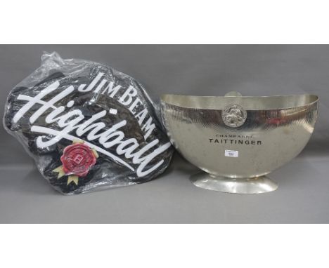Taittinger champagne bucket and a Jim Beam plastic advertising light , 57cm wide (2)