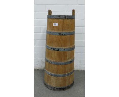 Iron bound wooden stick stand / barrel of tapering cylindrical form, 70cm high 