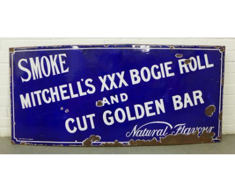 Vintage 'Mitchell's  XXX Bogie Roll and Cut Golden Bar, Natural flavour'  blue and white enamel sign, 64 x 140cm 